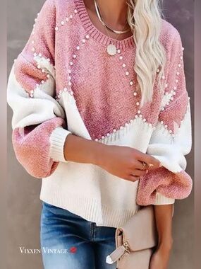 VICI 'PEARL EMBELLISHED COLORBLOCK KNIT SWEATER' IN PINK & WHITE